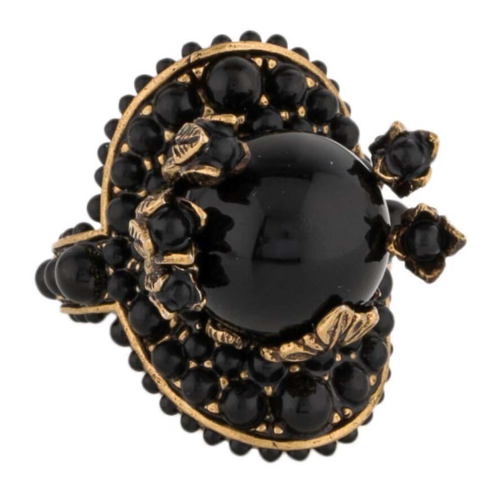 Gucci Blooms Ring Black Pearl Motif Beaded Cocktail Floral Gold Tone Sz 6.5